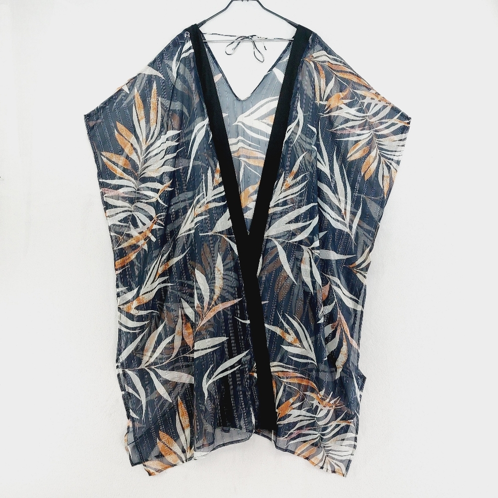 New Boutique Tropical Leaf Print Open Front Cradigan Top P4734 - Picture 1 of 6